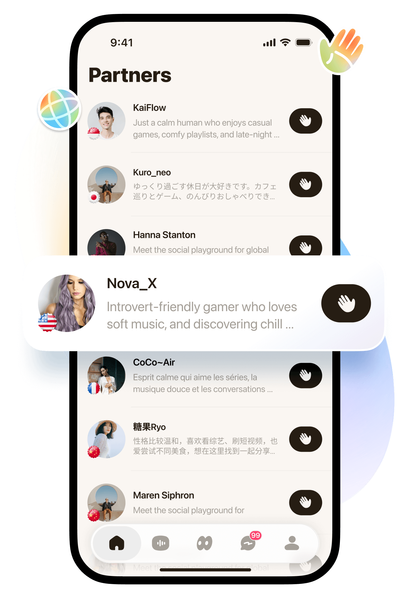 Globol App Screen: Connect Global Friends - Real-time translation and global chat features
