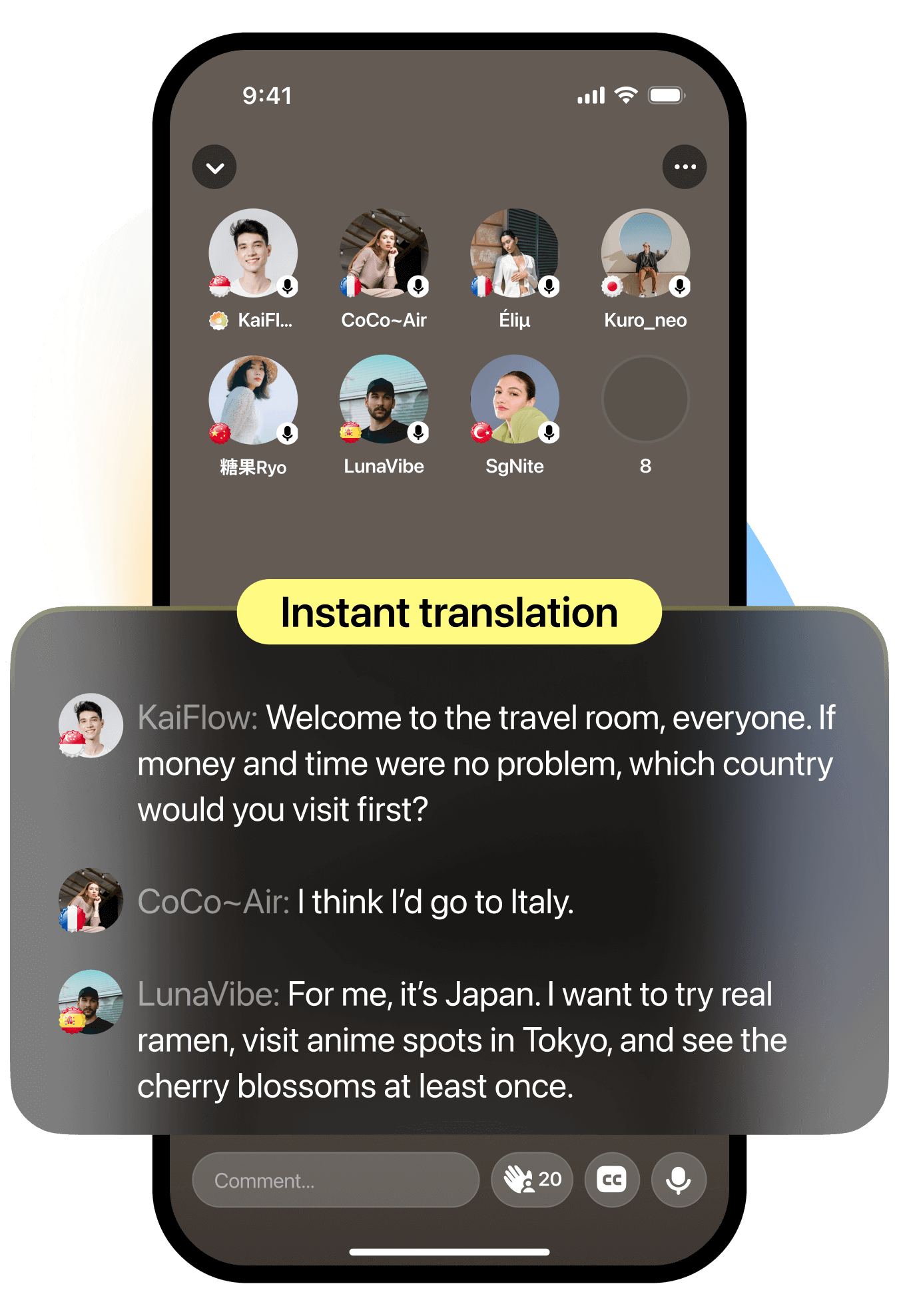 Globol App Screen: Understand Every Voice - Real-time translation and global chat features